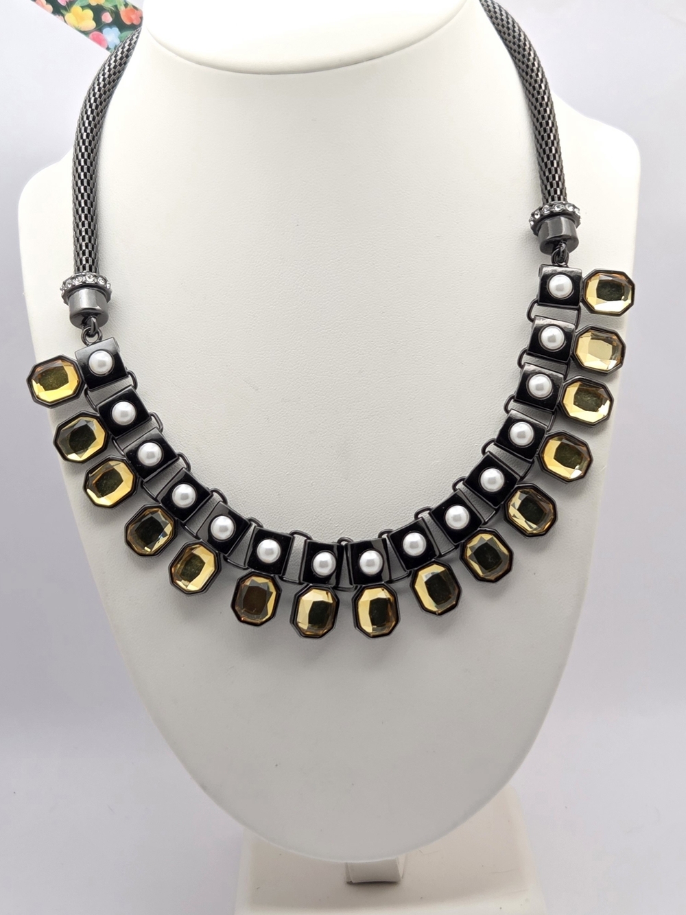Lia Sophia Gunmetal Statement Necklace Amber Yellow Faux Gems Faux Pearl 21"